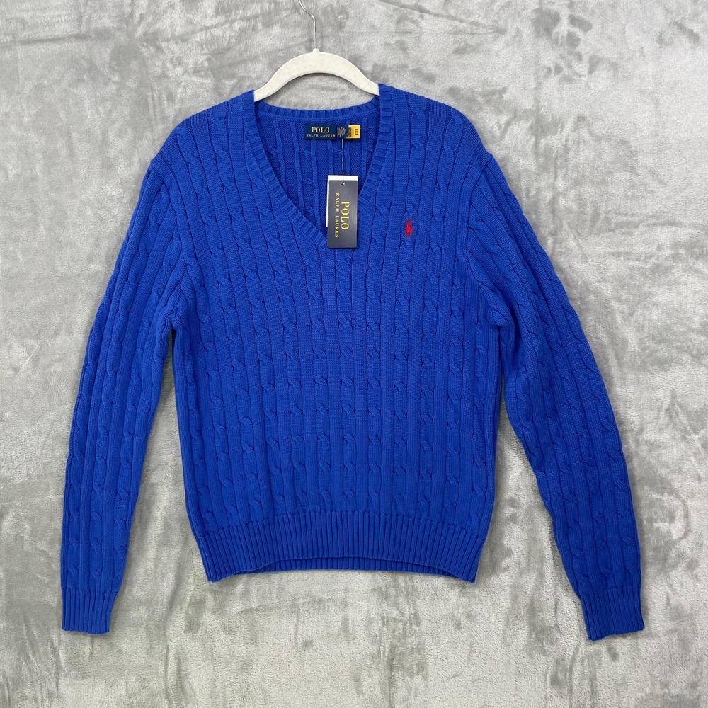 NWT Polo Ralph Lauren Women's XL 100% Cotton Cable Knit V-Neck Blue Sweater NEW